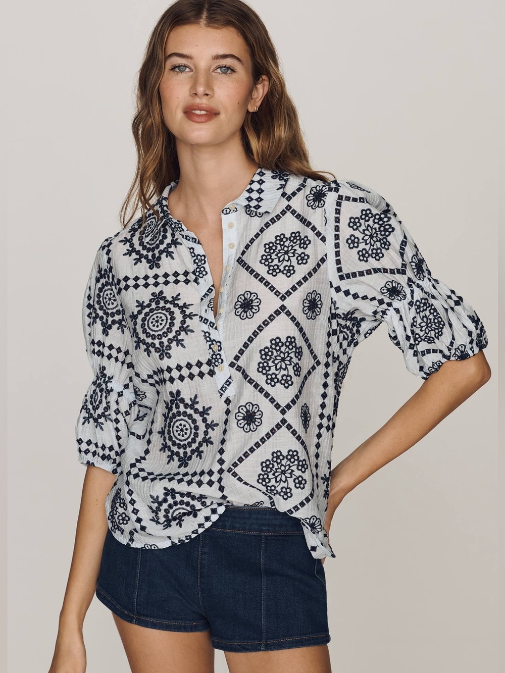 Pilcro by Anthropologie Tallulah Puff-Sleeve Eyelet Blue Navy Top size Medium